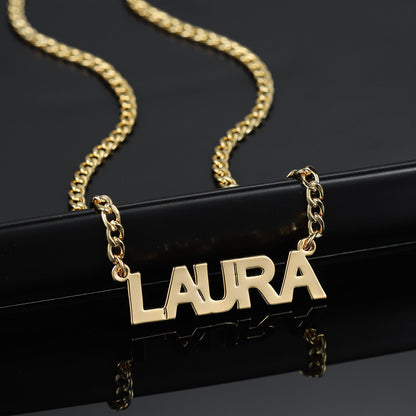 Personalized Block Name Necklace with Cuban Chain