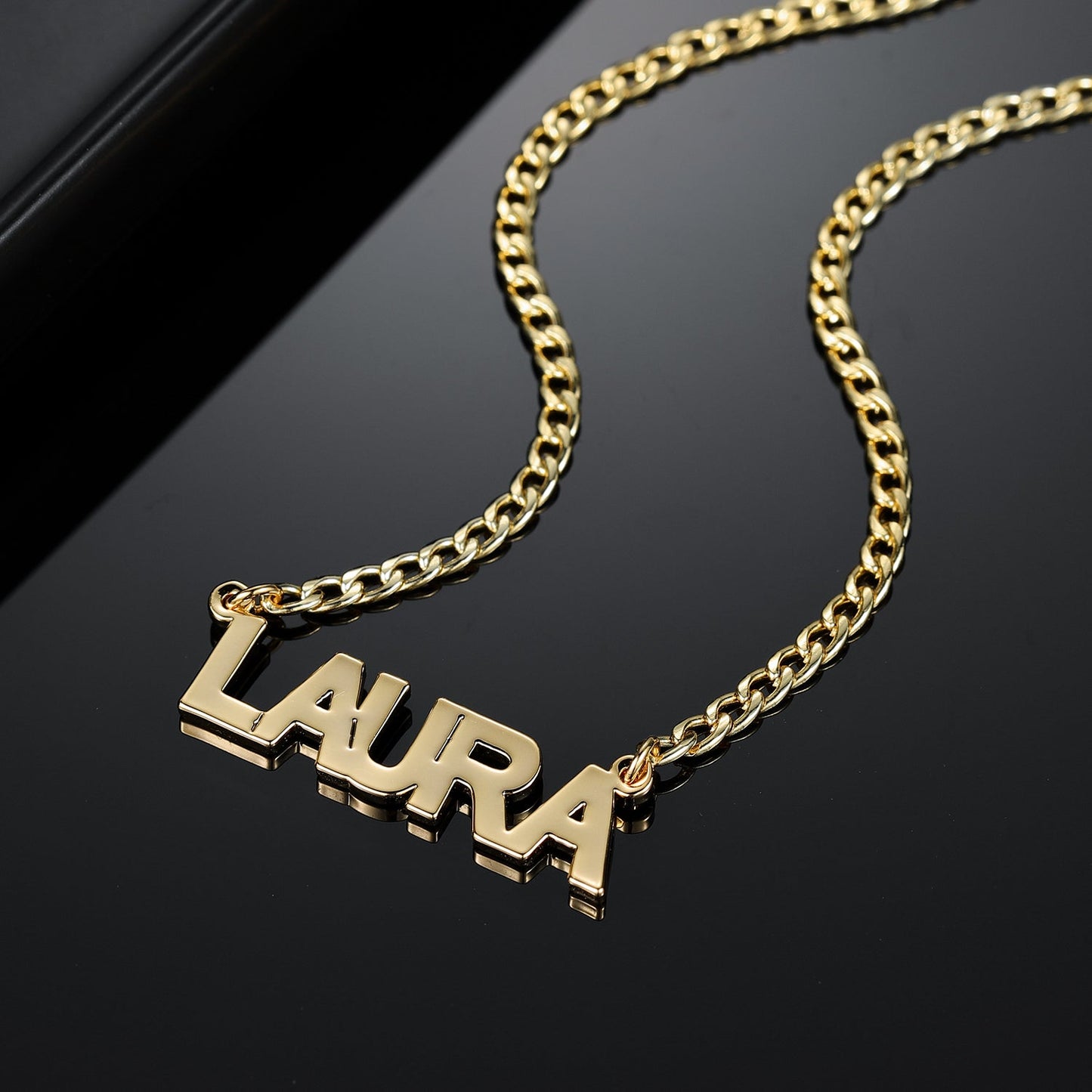 Personalized Block Name Necklace with Cuban Chain
