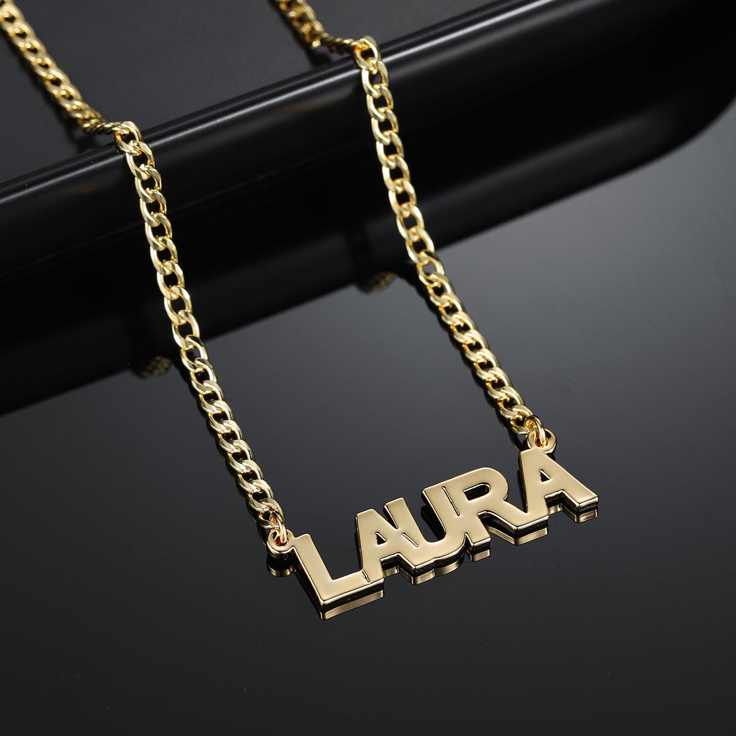 Personalized Block Name Necklace with Cuban Chain