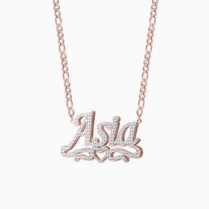 Double Plated Heart Title Name Necklace w/ Figaro Chain