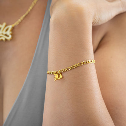Personalized Gothic Initial Bracelet with Figaro Chain | Custom Gift for Loved Ones