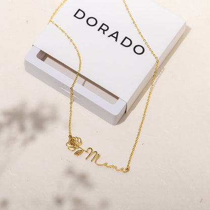 Birth Flower Horizontal Name Necklace