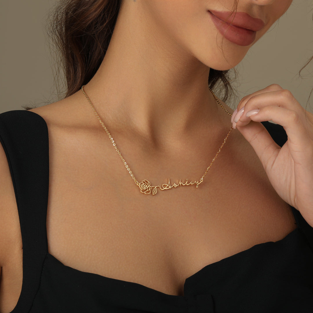 Birth Flower Horizontal Name Necklace