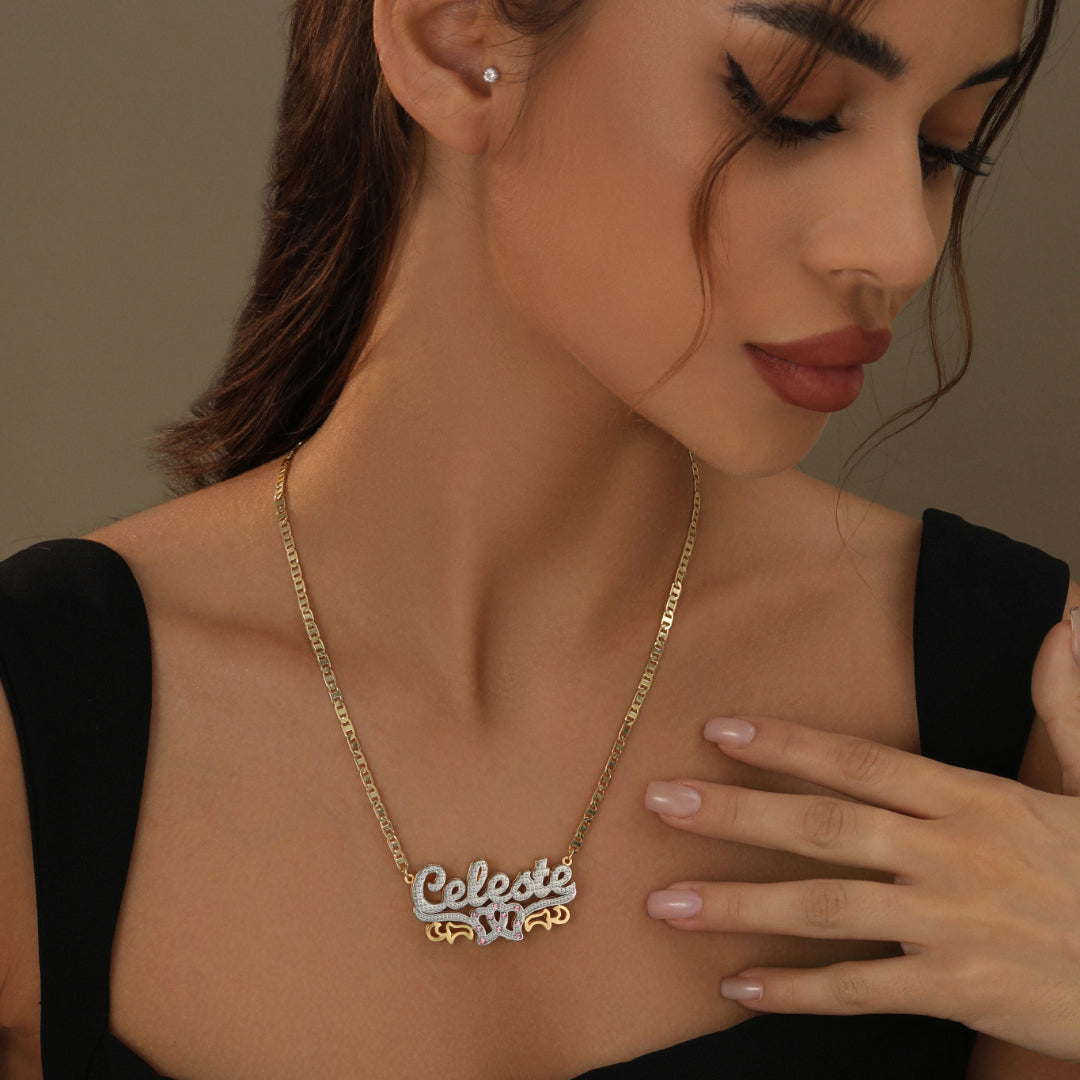 Double Plated Double Heart Name Necklace w/ Clip Chain